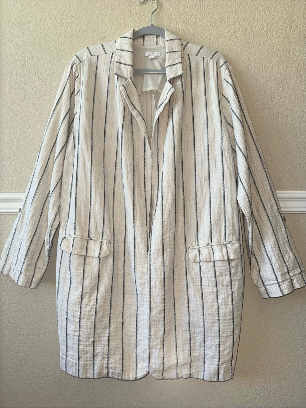 J. Jill Linen Cotton Striped Open Front Blazer Jacket Cream Neutral XL Tall